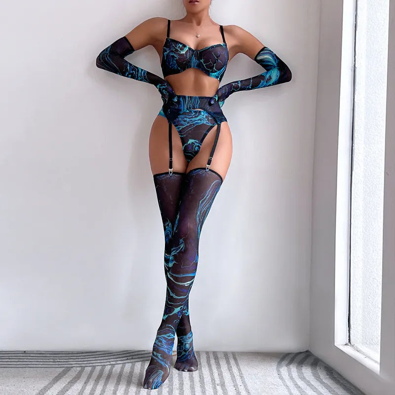 Trendy Printed Push Up Lingerie Gloves Garter Five-Piece Set