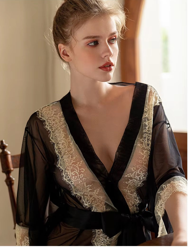 Two-Tone Lace Up Sheer Nylon Lingerie Gowns