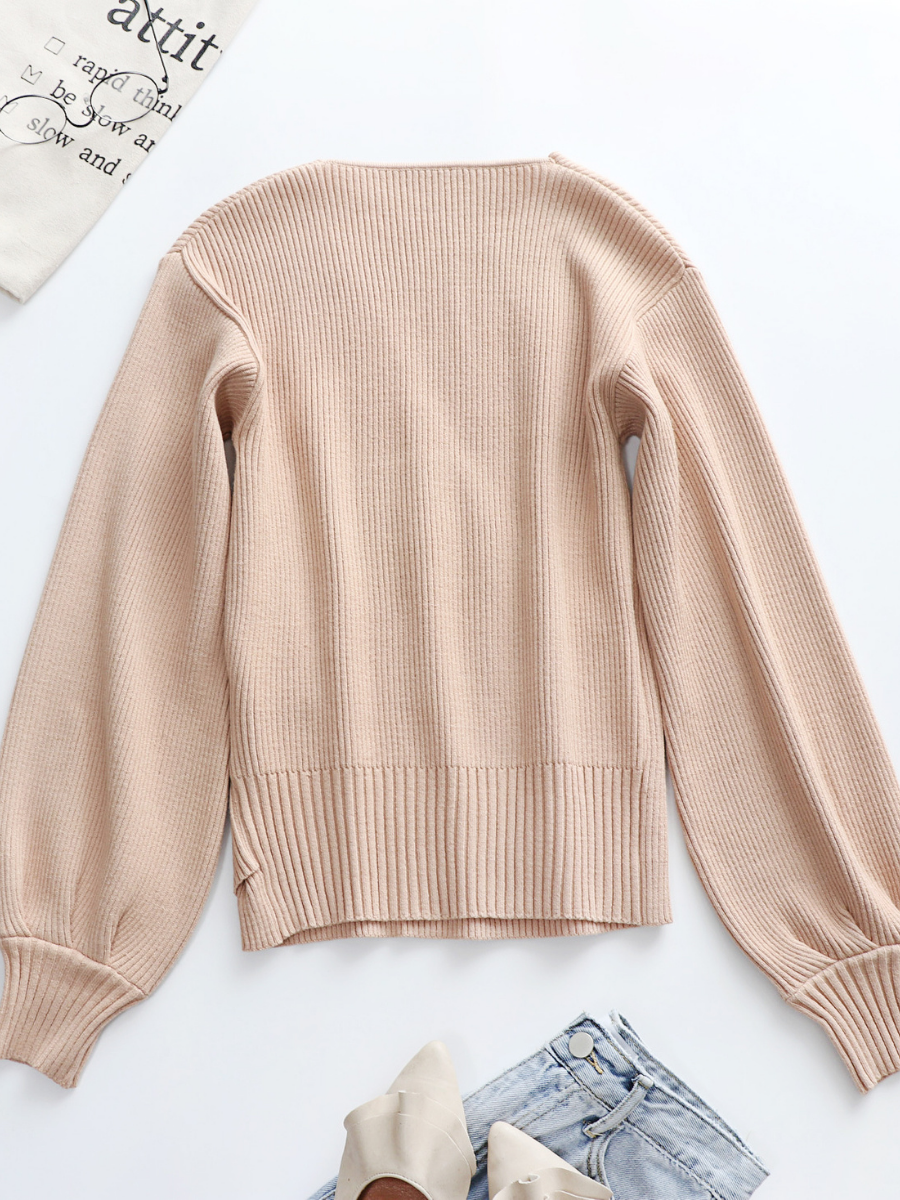 Lantern-Sleeve V-Neck Wrap Knit Top - Beige
