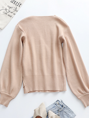 Lantern-Sleeve V-Neck Wrap Knit Top - Beige