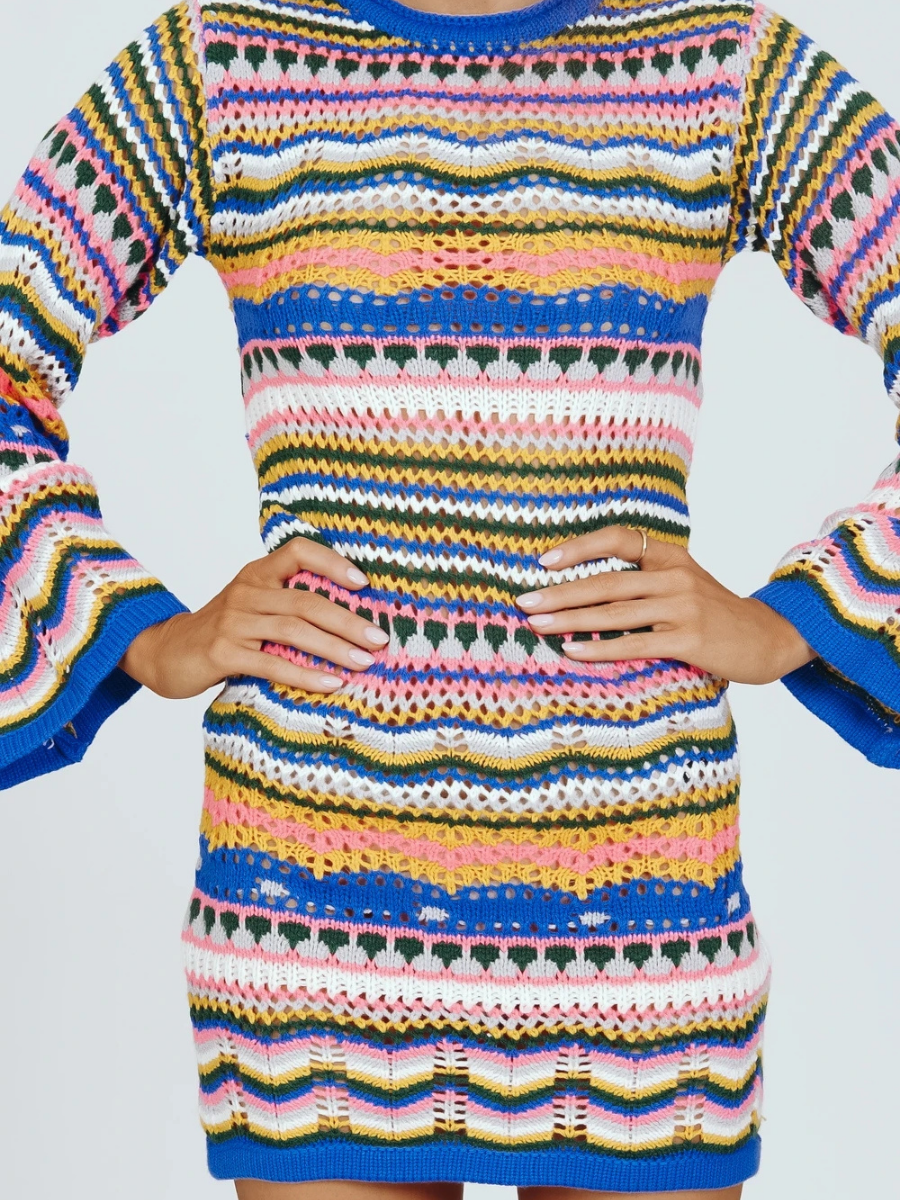 Zig Zag Crochet Knit Dress - Blue