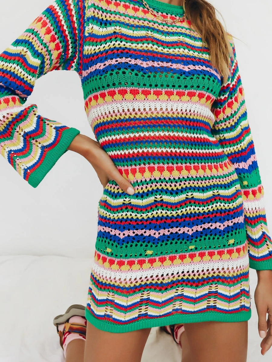 Zig Zag Crochet Knit Dress - Green