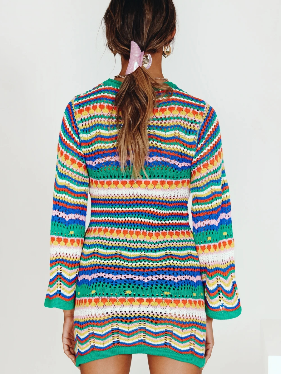 Zig Zag Crochet Knit Dress - Green