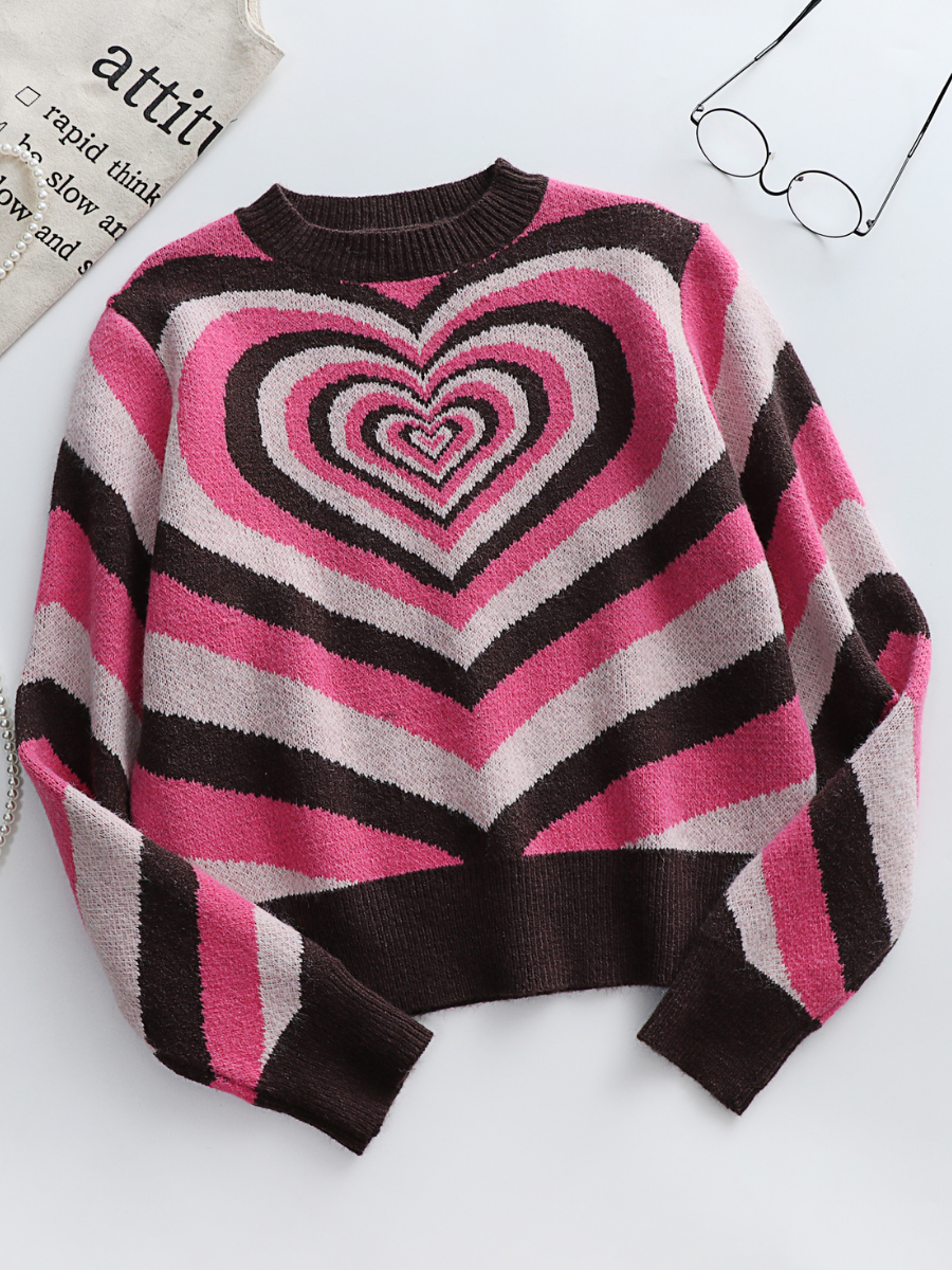 Brown Pink Heart Ring Knit Top