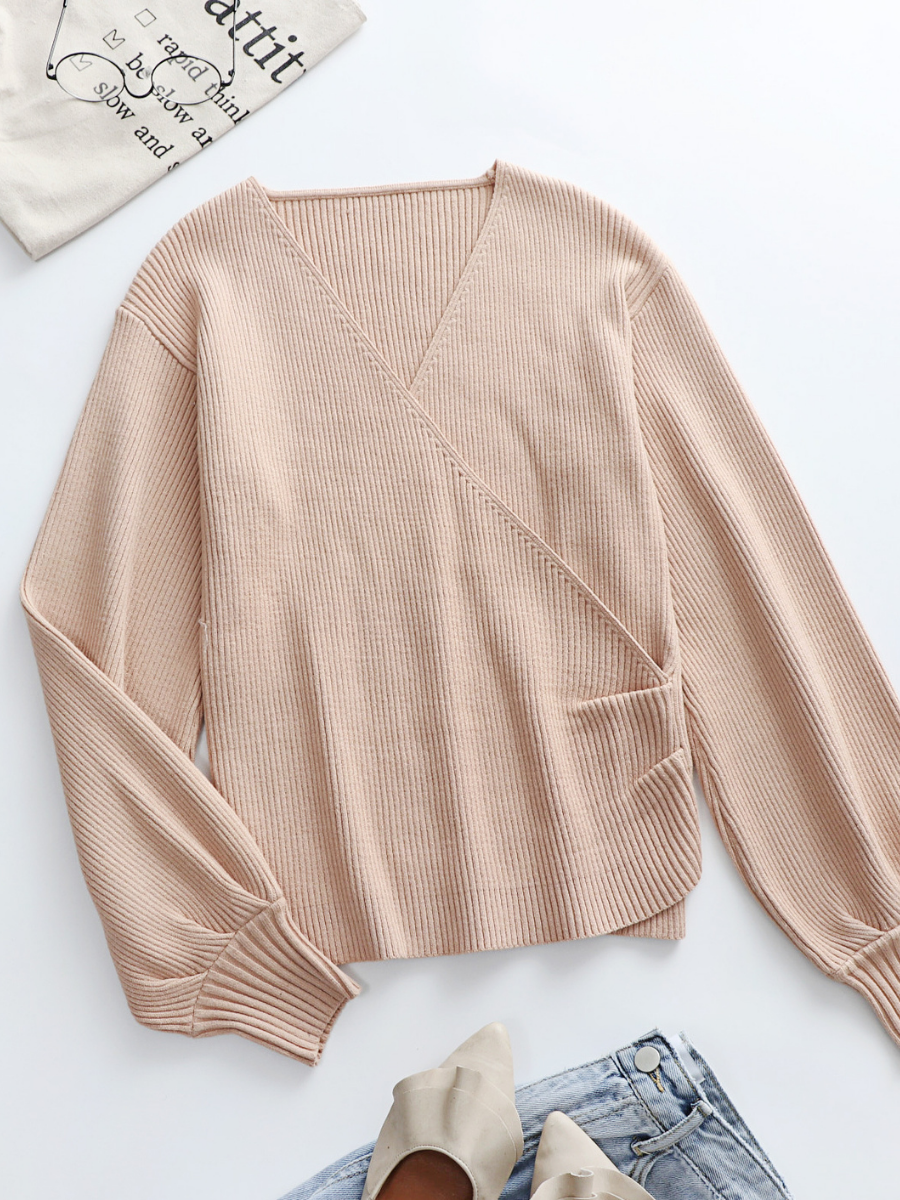 Lantern-Sleeve V-Neck Wrap Knit Top - Beige