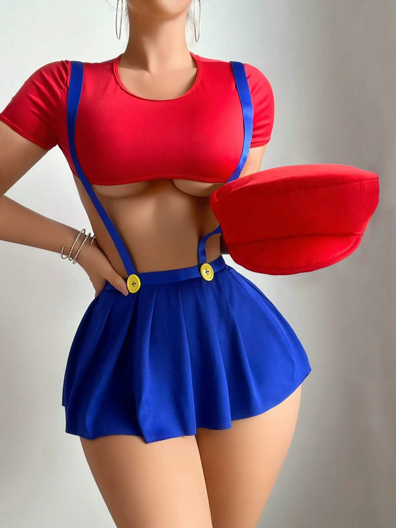 Tight Crop Top Showing Half Ball Pleated Skirt With Shoulder Straps Thongs 3-Piece Outfits