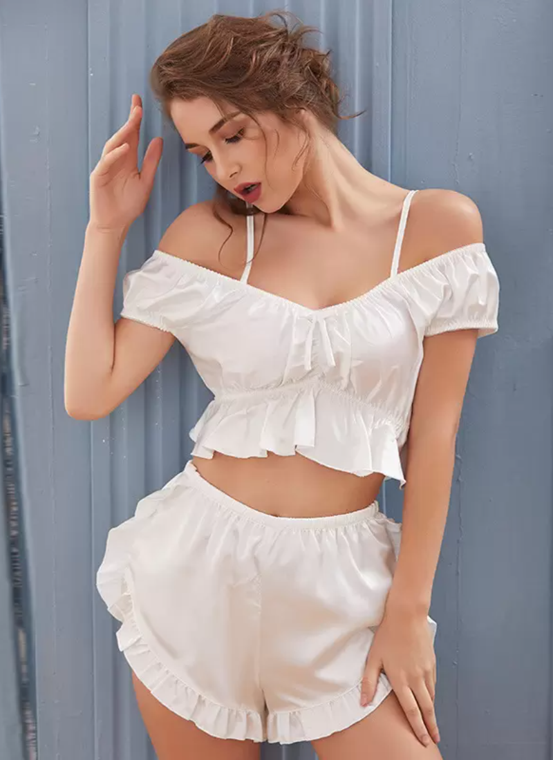 Vintage Pajama Set Ruffles Off Shoulder 2 Pieces Set