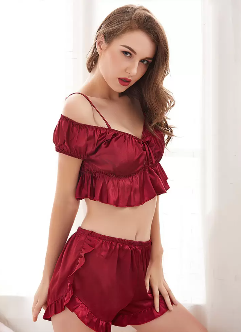 Vintage Pajama Set Ruffles Off Shoulder 2 Pieces Set