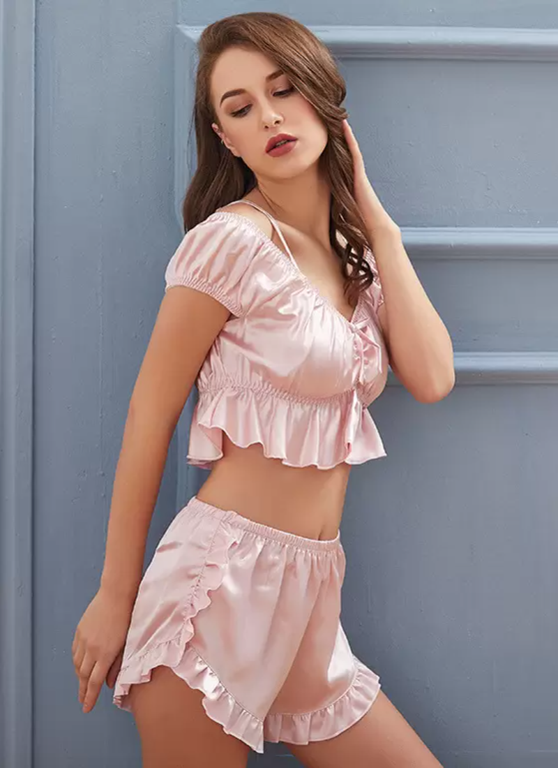 Vintage Pajama Set Ruffles Off Shoulder 2 Pieces Set