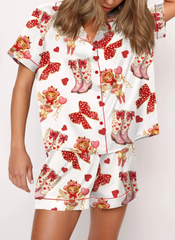 Vintage Short Sleeve Preppy Shirt Pajamas Lounge Set Comfy Sleepwear