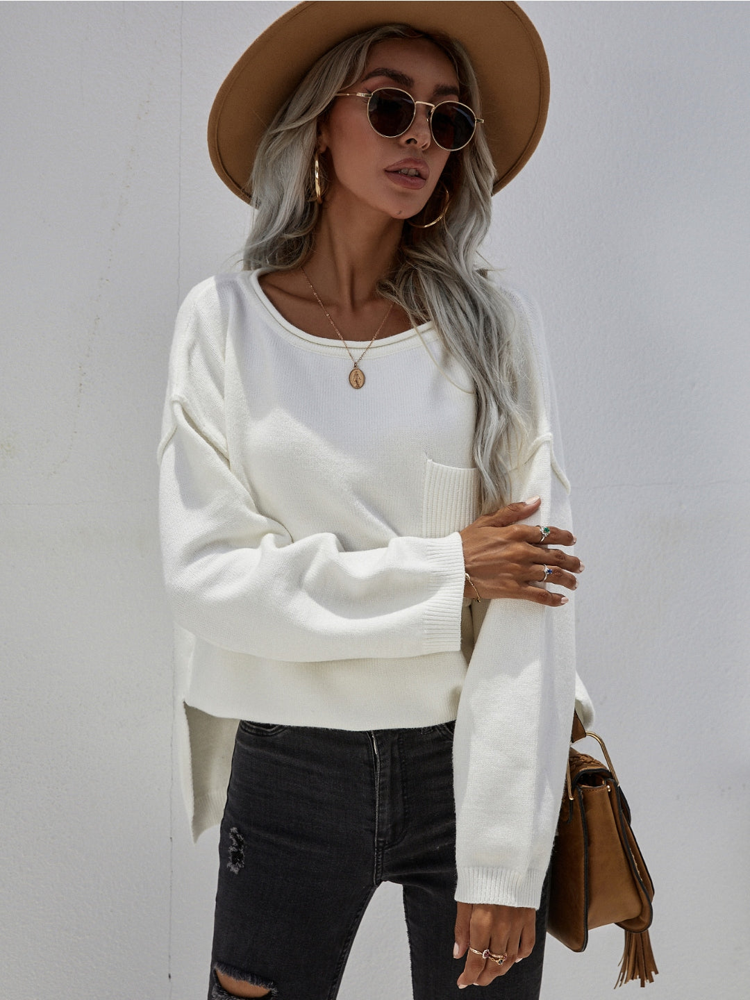DORETTA White Oversized Front Pocket Knit Sweater