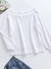 White Bell-Sleeve Off-Shoulder Knit Sweater