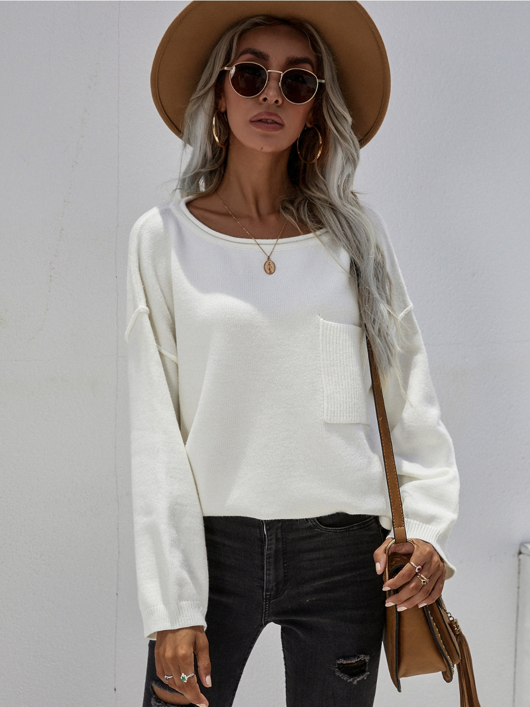DORETTA White Oversized Front Pocket Knit Sweater