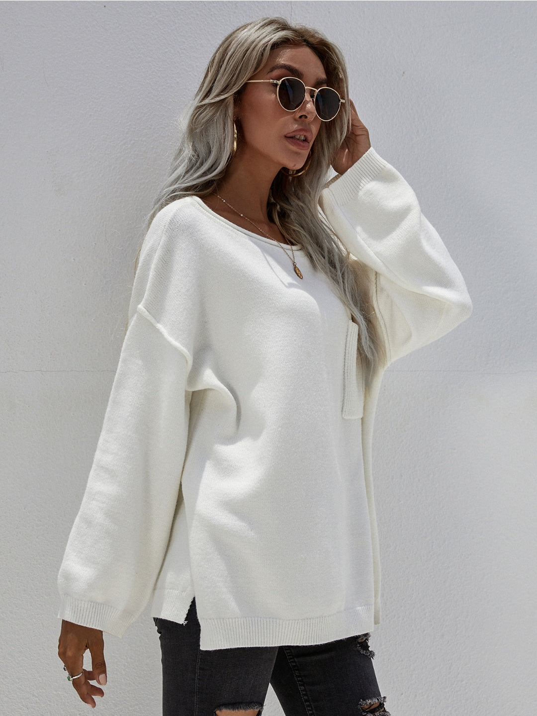 DORETTA White Oversized Front Pocket Knit Sweater