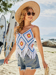 DIAMOND CROCHET TASSEL CROP TOP - WHITE