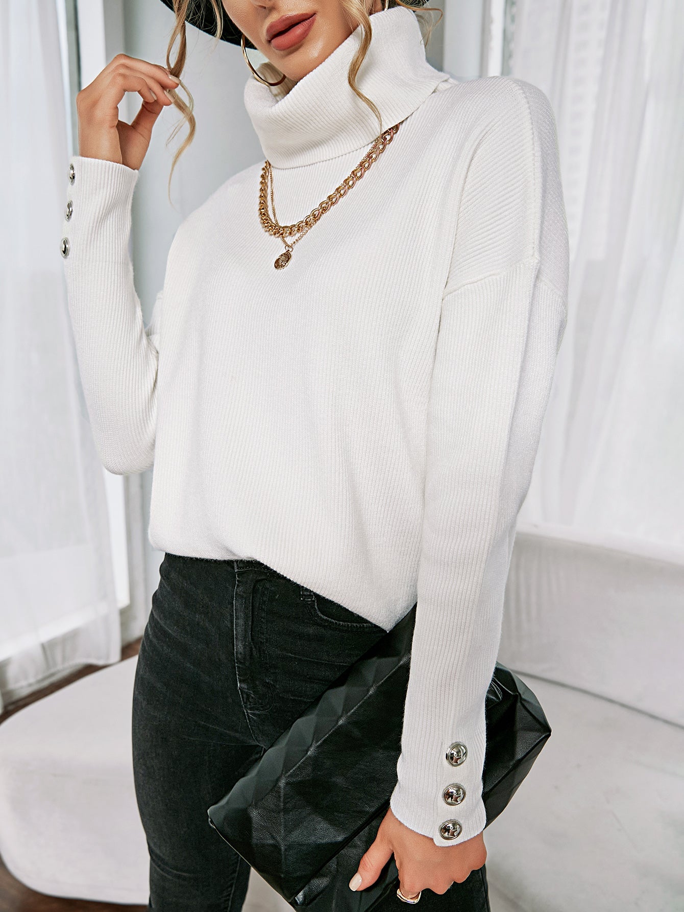 White Oversized Collar Turtleneck Knit Sweater