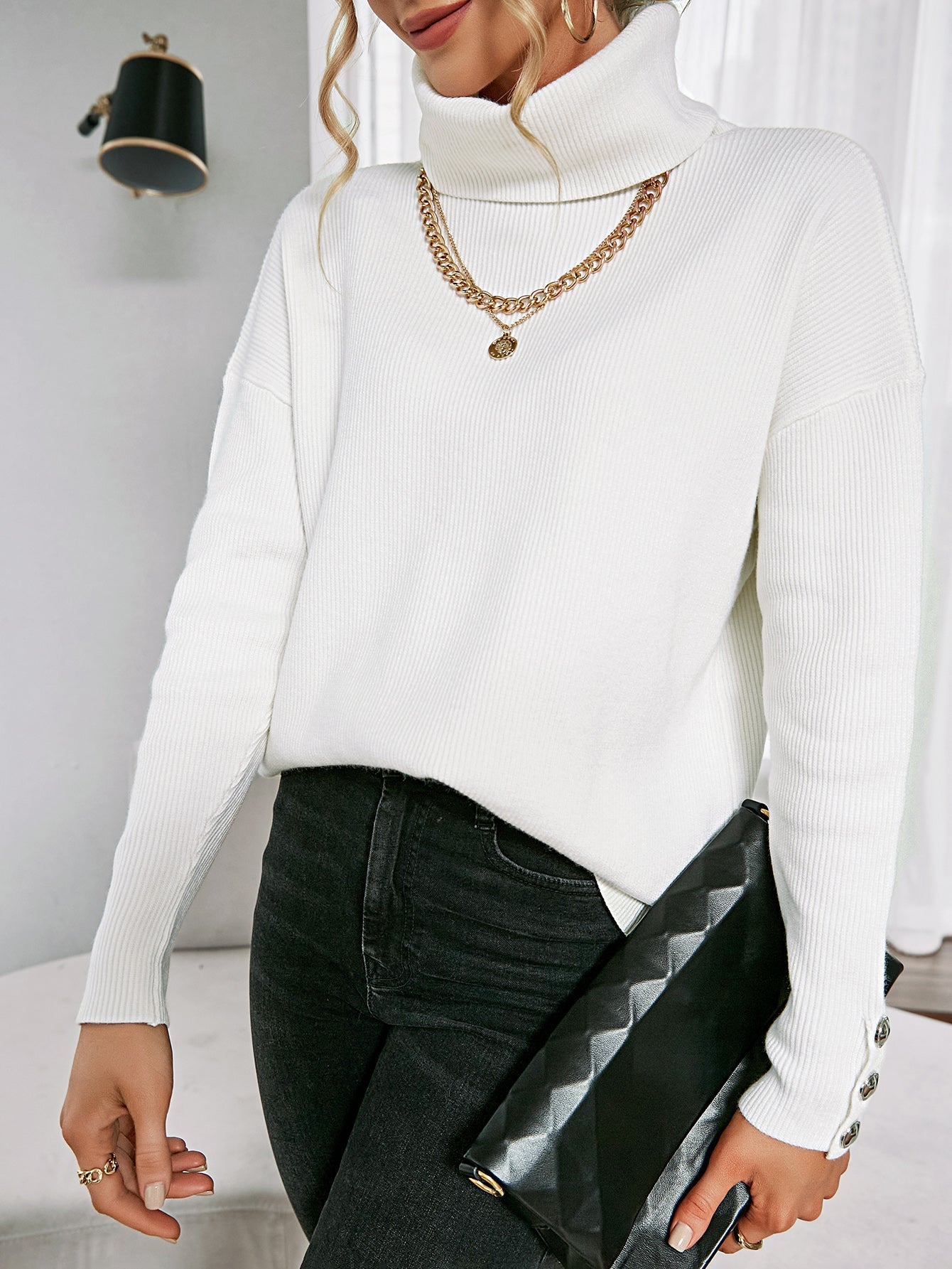 White Oversized Collar Turtleneck Knit Sweater