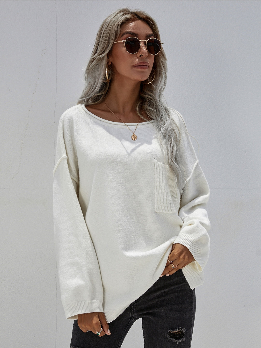DORETTA White Oversized Front Pocket Knit Sweater