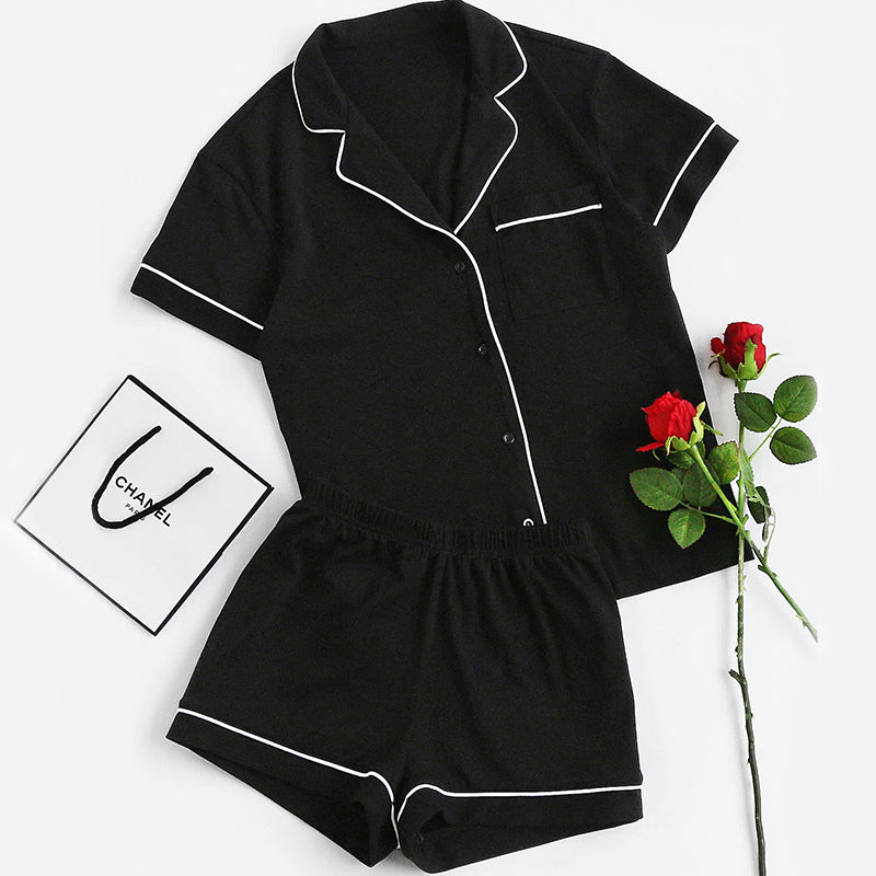 Women Contrast Piping Pocket Front Shirt And Shorts Casual Nightwear