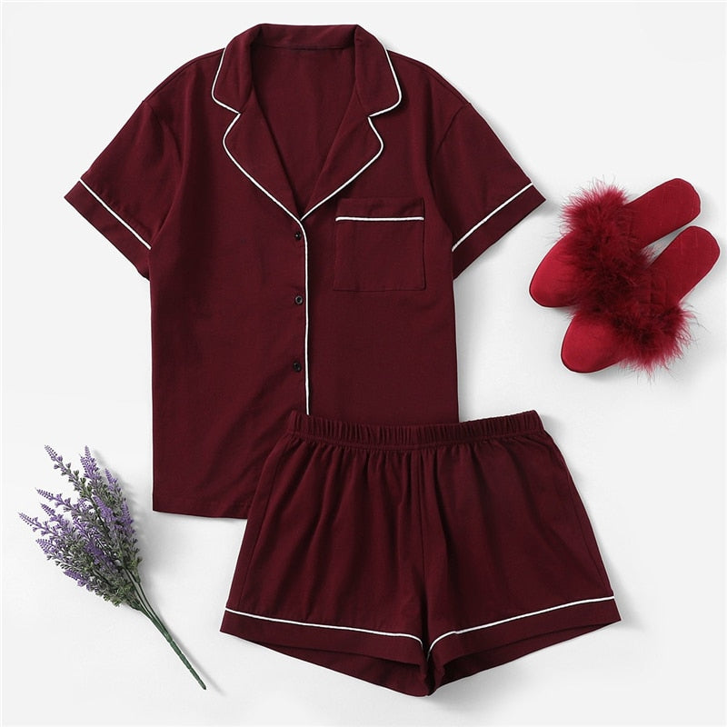 Women Contrast Piping Pocket Front Shirt And Shorts Casual Nightwear