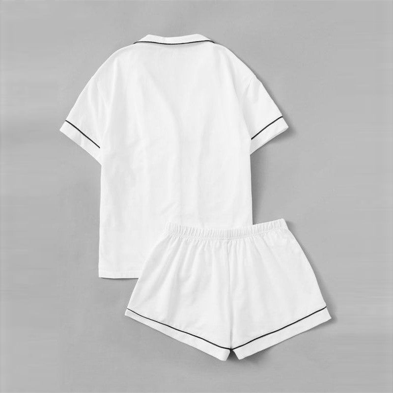 Women Contrast Piping Pocket Front Shirt And Shorts Casual Nightwear