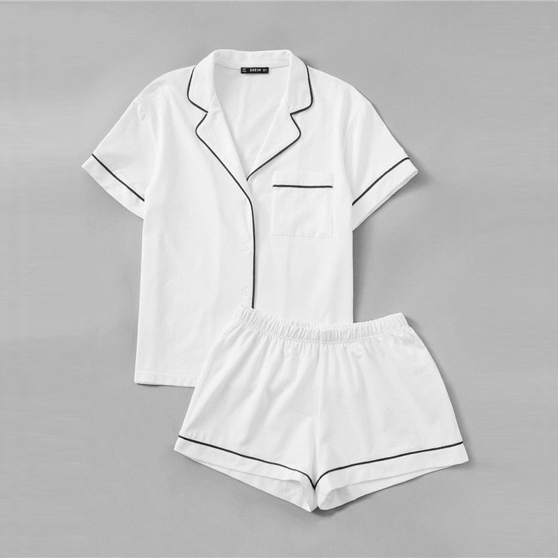 Women Contrast Piping Pocket Front Shirt And Shorts Casual Nightwear