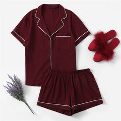 Women Contrast Piping Pocket Front Shirt And Shorts Casual Nightwear