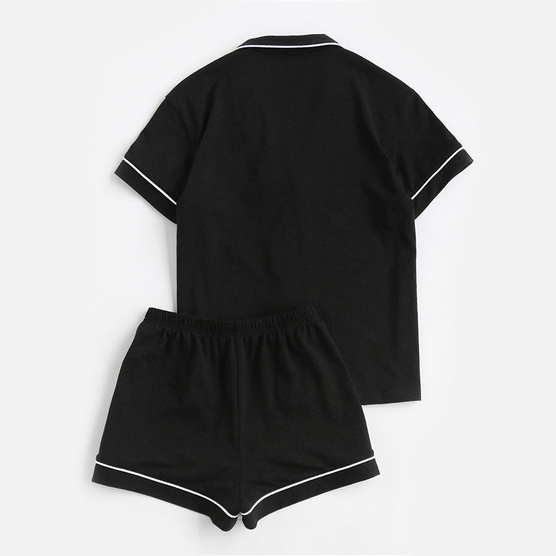 Women Contrast Piping Pocket Front Shirt And Shorts Casual Nightwear