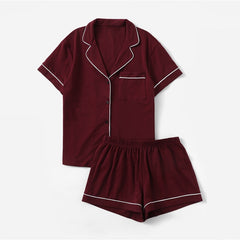 Women Contrast Piping Pocket Front Shirt And Shorts Casual Nightwear
