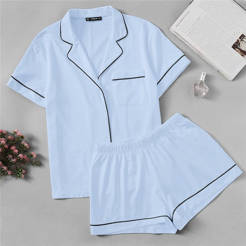 Women Contrast Piping Pocket Front Shirt And Shorts Casual Nightwear