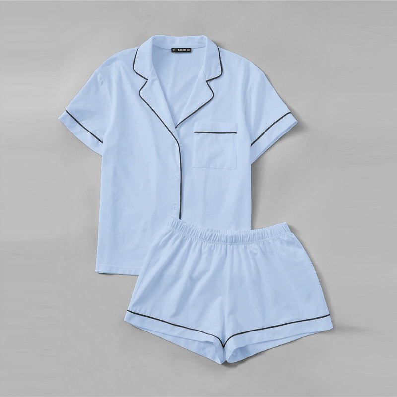 Women Contrast Piping Pocket Front Shirt And Shorts Casual Nightwear
