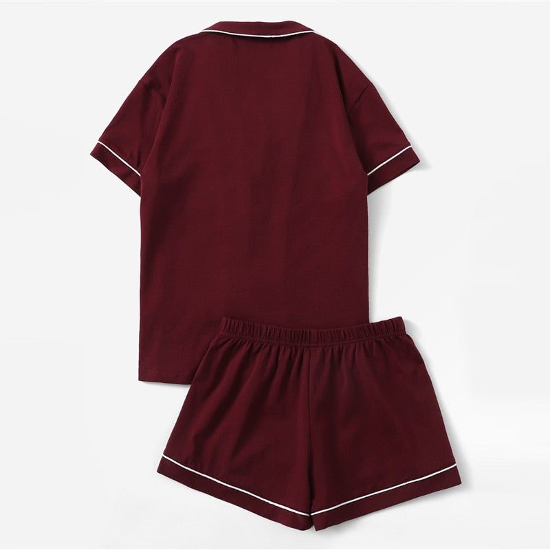 Women Contrast Piping Pocket Front Shirt And Shorts Casual Nightwear