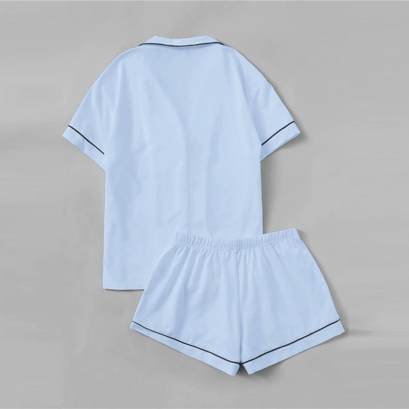 Women Contrast Piping Pocket Front Shirt And Shorts Casual Nightwear