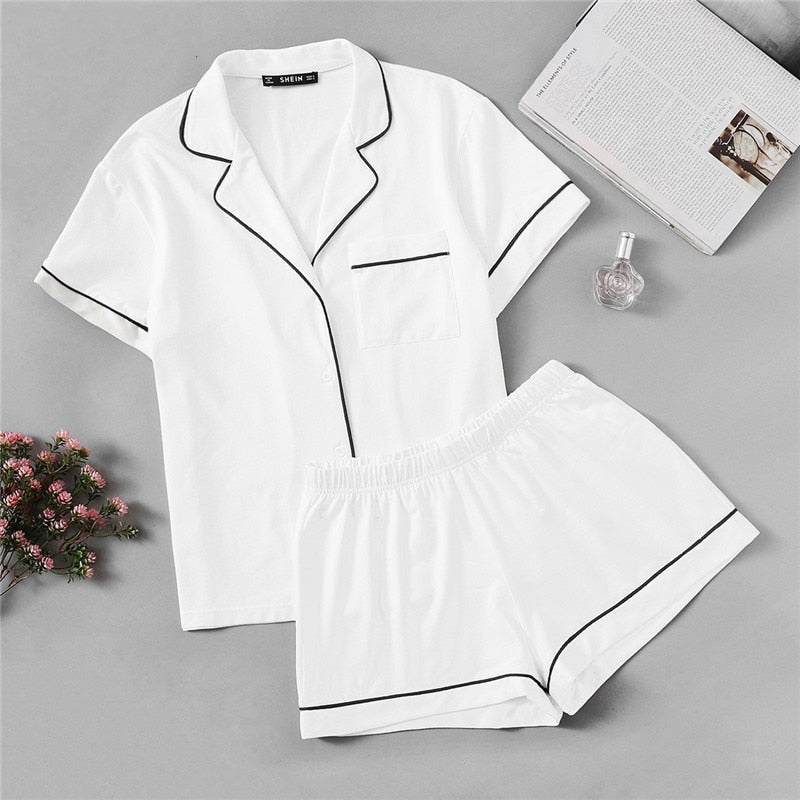 Women Contrast Piping Pocket Front Shirt And Shorts Casual Nightwear