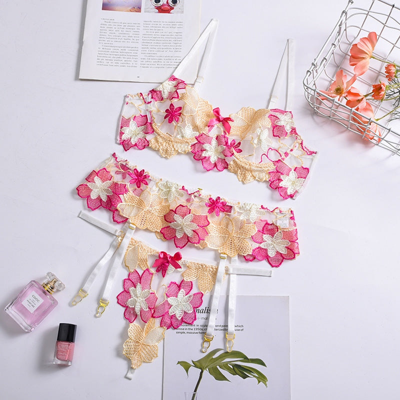 Floral Embroidered Mesh Garter Lingerie Three-Piece Set