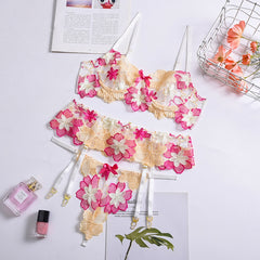 Floral Embroidered Mesh Garter Lingerie Three-Piece Set