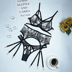 Floral Embroidery Mesh See-Through Garters Lingerie Three-Piece Set