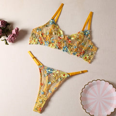 Mesh Floral Embroidery Lingerie Two-Piece Set