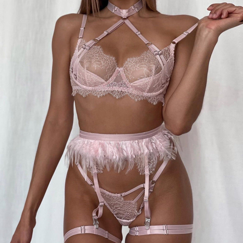 Lace Feather Stitching Gathering Lingerie Set