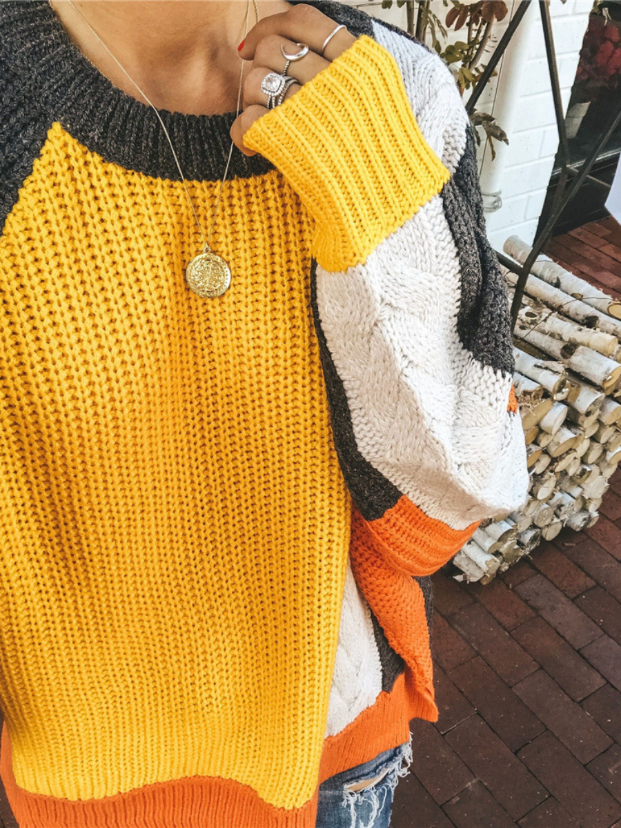 ROVENA Yellow Contrasting Colors Knit Sweater