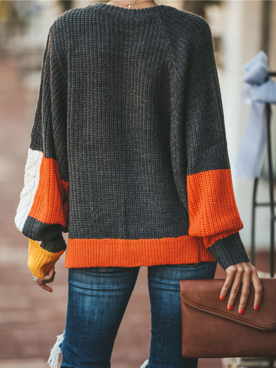 ROVENA Yellow Contrasting Colors Knit Sweater