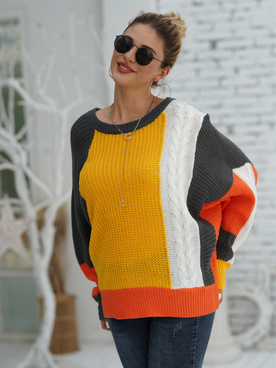 ROVENA Yellow Contrasting Colors Knit Sweater