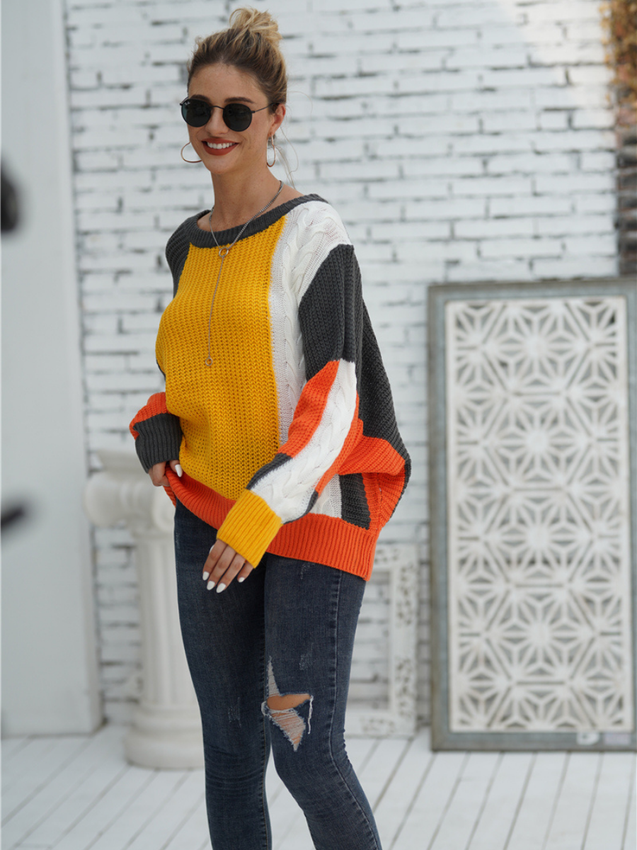 ROVENA Yellow Contrasting Colors Knit Sweater