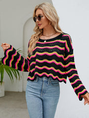 Reba Knit Striped Scalloped Hem Top - Black