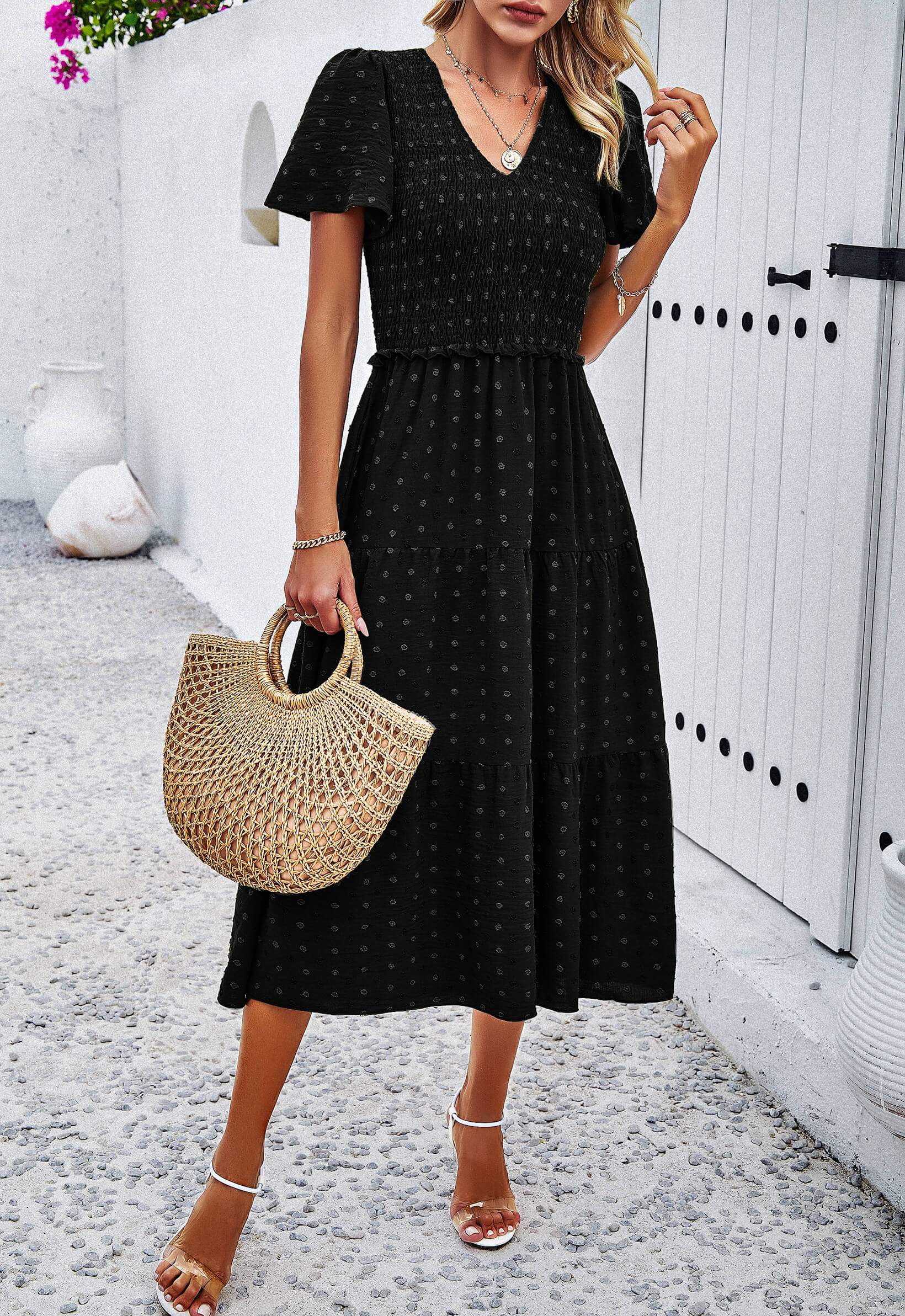 Leonie Spotted Tiered Midi Dress - Black