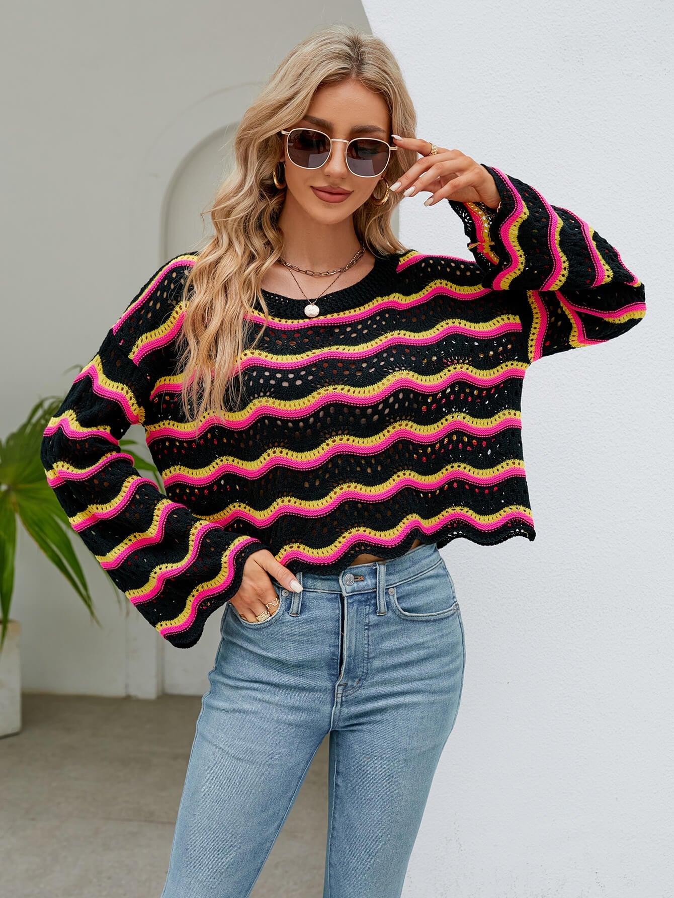 Reba Knit Striped Scalloped Hem Top - Black