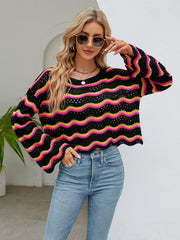 Reba Knit Striped Scalloped Hem Top - Black
