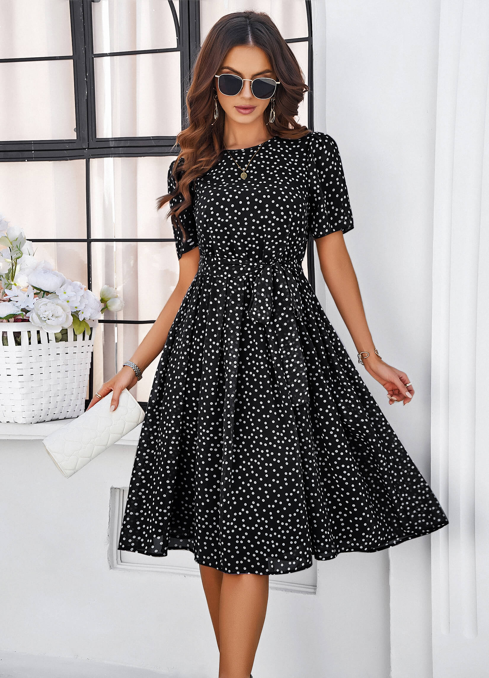 Margaret Polka Dot Midi Dress - Black
