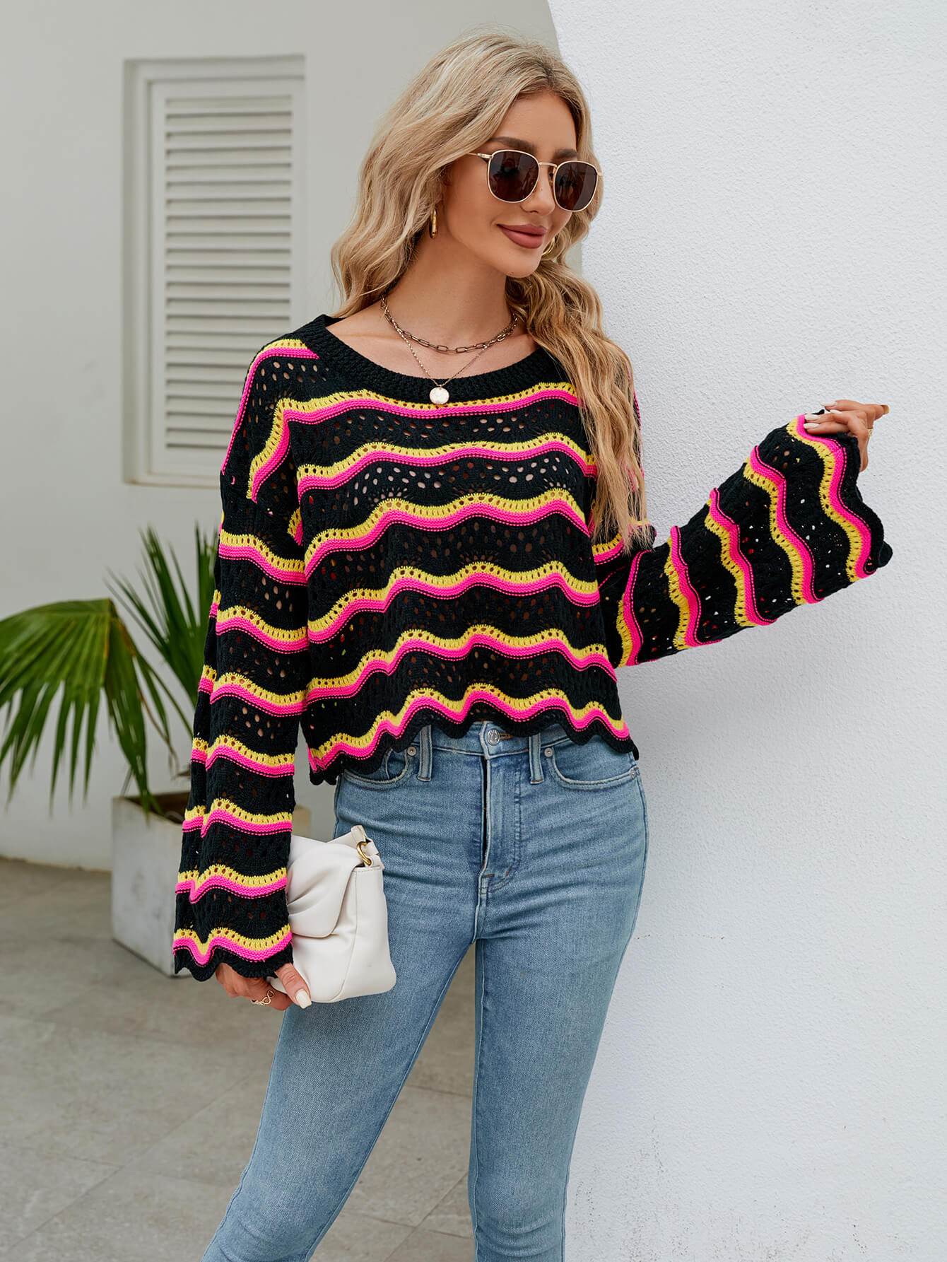 Reba Knit Striped Scalloped Hem Top - Black
