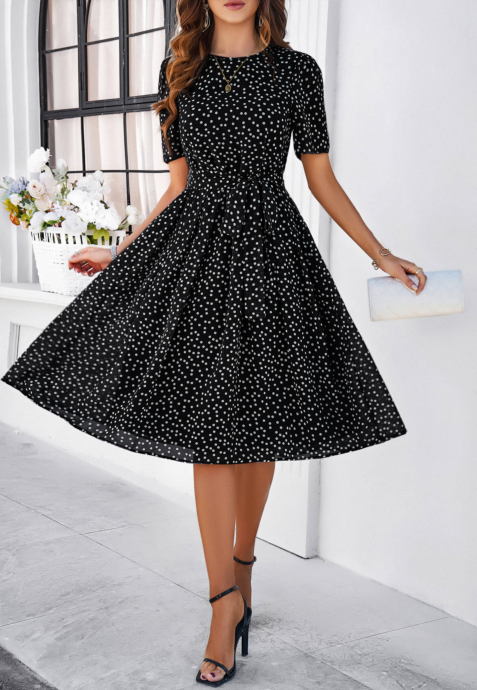 Margaret Polka Dot Midi Dress - Black